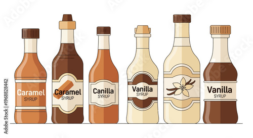 Coffee Flavoring Syrups Bottles Caramel and Vanilla on Bright Studio Background