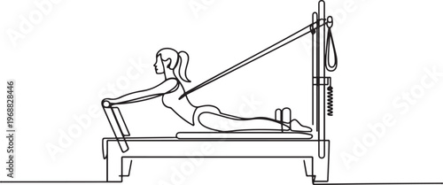 Woman doing pilates using pilates reformer. Pilates concept. one line Icon drawing