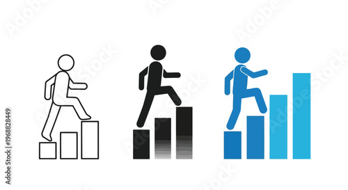 Progressive steps of achievement represented by climbing figures and bar graphs Vector