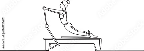 Woman doing pilates using pilates reformer. Pilates concept. one line Icon drawing