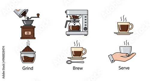 Coffee Preparation Process Icons Grind Brew and Serve Steps on Bright Studio Background