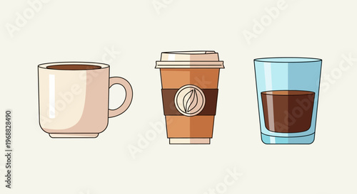 Variety of Coffee Cups Ceramic Mug Paper Cup and Glass Cup on Bright Studio Background