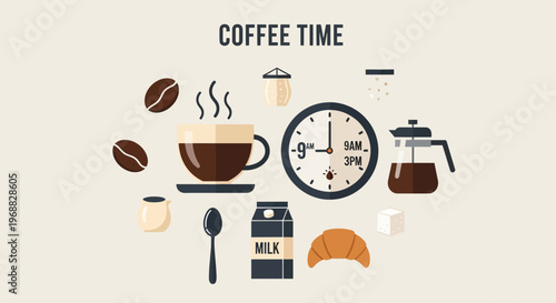Coffee Time Concept with Steaming Cup, Clock, Coffee Pot, Milk, and Croissant, Light Beige Background