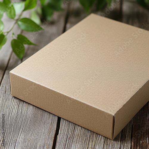 Brown cardboard box on wooden surface with green leaves  