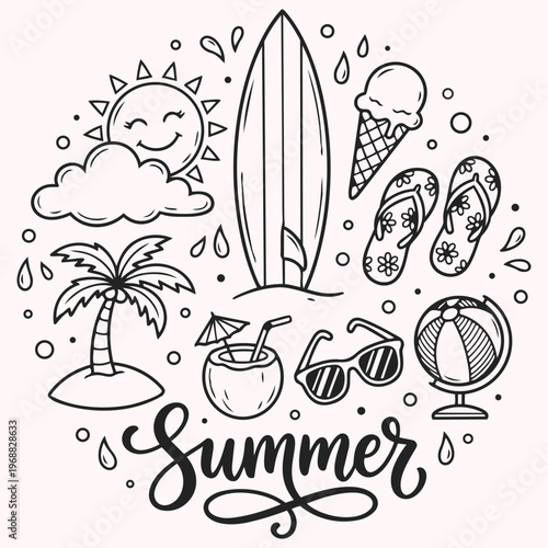 Summer Doodle: A delightful illustration showcases the essence of summer with a surfboard, sunglasses, ice cream, beach ball, and other iconic elements, capturing the carefree spirit of the season.