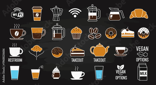 Comprehensive Cafe Menu Icons Set on Dark Chalkboard Background, Including Coffee, Pastries, and Service Options
