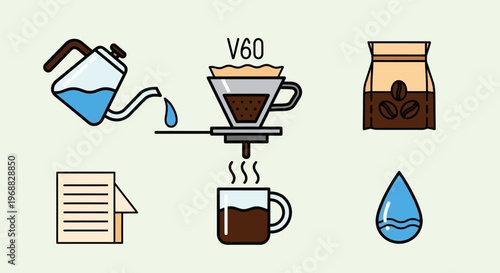 Detailed Manual Pour Over V60 Coffee Brewing Process with Coffee Beans and Water, Light Green Background