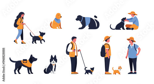 Dog walkers, pet owners, service dogs, animal handlers, outdoor activities, people and pets, walking dogs, pet care
