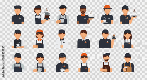 Diverse Male and Female Barista and Waiter Cafe Staff Avatars Set, Isolated Transparent Background