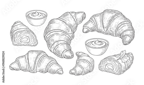 Hand drawn croissants and dipping sauce in style pastry food vintage bakery