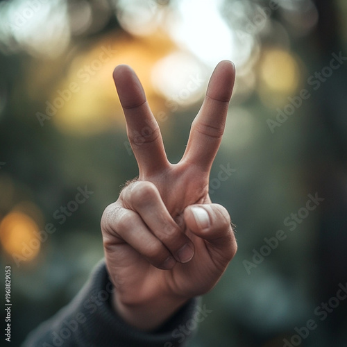 Hand making peace sign in forest during golden hour  