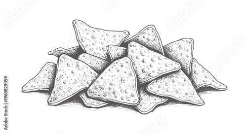 Hand drawn pile of triangular tortilla chips with speckled texture nachos snack food