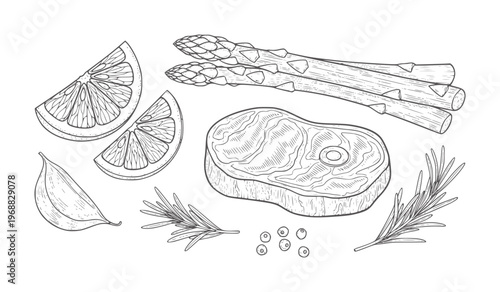 Hand drawn steak asparagus lemon slices garlic and rosemary sprigs