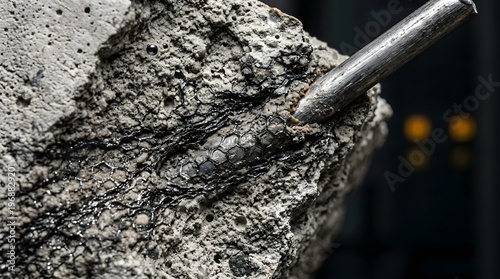 A close-up view of a metal rod embedded in a rough, textured concrete block with a dark background