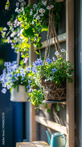 Flower pots hanging on wooden wall with green plants and sunlight  