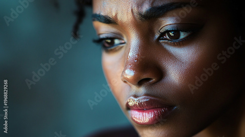 Black woman looking thoughtfully with focused expression indoors  