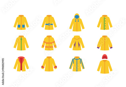 A raincoat with pockets, raincoat with belt, raincoat with drawstring hood, raincoat with snap buttons, raincoat with zipper,