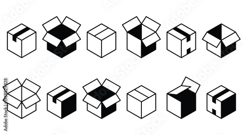 Box line icons. Empty open shipping box or unboxing line art. Carton boxes icon set. Stock vector. Vector illustration.