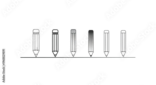 Five pencils varying in graphite exposure and wear levels displayed in a row Vector
