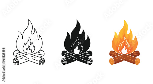 Three stylized depictions of campfires with varying levels of detail and color Vector