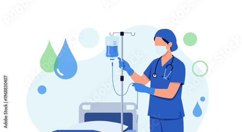 Nurse Adjusting IV Drip Bag in Hospital Room with Medical Equipment and Water Droplets