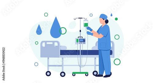 Nurse Administering IV Drip in Hospital Room with Medical Equipment