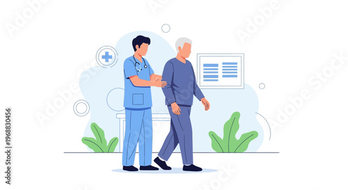 Nurse assisting elderly man walking, rehabilitation, medical care, healthcare concept illustration