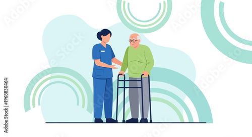 Nurse assisting elderly man with walker, healthcare, support, rehabilitation, medical care