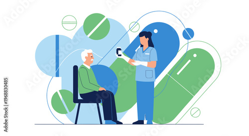 Nurse Administering Medication to Elderly Patient Amidst Pills and Capsules