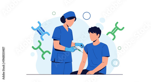 Nurse administering vaccine injection to young man, healthcare concept