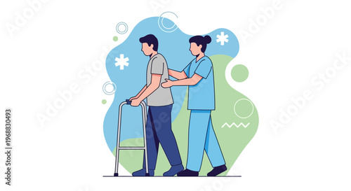 Nurse assisting elderly man with walker, rehabilitation, physical therapy, healthcare concept