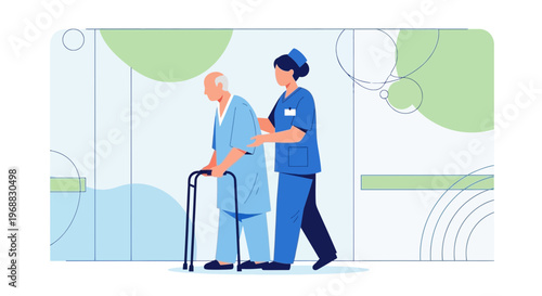 Nurse assisting elderly man with walker in modern healthcare facility