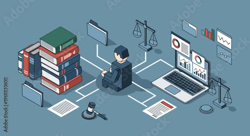 Lawyer working with legal documents and technology in office.