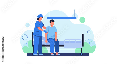 Nurse Helping Patient Sit on Hospital Bed, Healthcare Assistance Concept