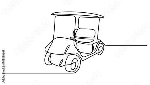 Continuous line golf car art. Single line golf cart concept. Line art, outline, banner in minimalism style. Single line drawing. Vector illustration