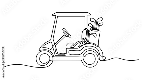 Continuous line golf car art. Single line golf cart concept. Line art, outline, banner in minimalism style. Single line drawing. Vector illustration