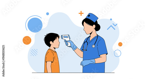 Nurse measures child's temperature with infrared thermometer, healthcare concept
