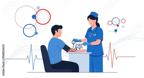 Nurse measuring patient's blood pressure, medical check-up concept, healthcare illustration