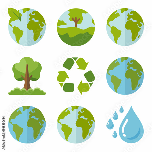 Earth icons depicting recycling and environmental conservation with globes trees and water droplets
