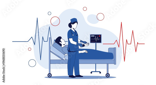 Nurse monitors patient's vital signs on EKG machine in hospital bed, healthcare concept