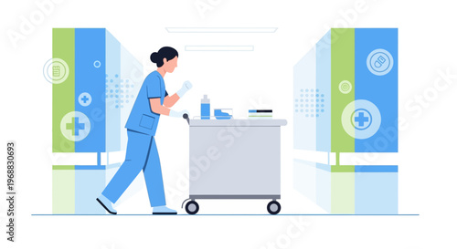 Nurse Pushing Medical Cart in Modern Hospital Corridor with Digital Health Icons
