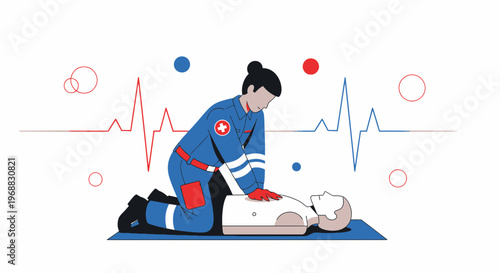 Paramedic performing CPR on a dummy with ECG line and heartbeats