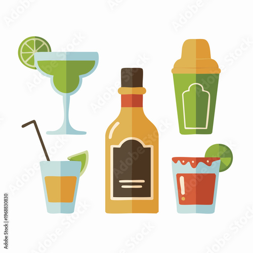 Illustration of various colorful cocktails and a bottle of liquor with lime wedges on a clean surface