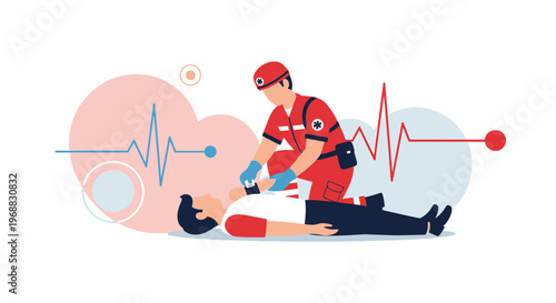 Paramedic performing CPR on a patient with a heartbeat monitor in the background