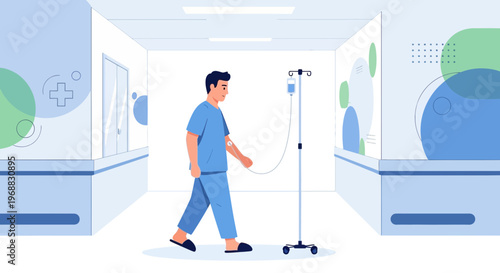 Patient walking with IV drip in hospital corridor, medical treatment and recovery concept