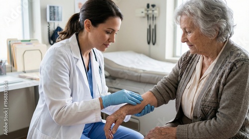 Professional female doctor examining senior woman arm in clinic office. Healthcare, geriatric medicine and elderly patient care concept. Medical checkup and empathy in hospital.