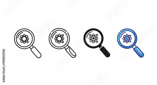 Illustration showing magnifying glasses focusing on atomic structures with varying designs Vector