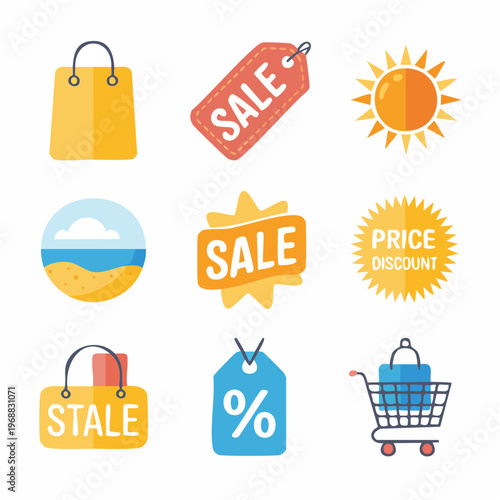 Shopping icons display sale discounts and prices on sunny day with shopping cart.