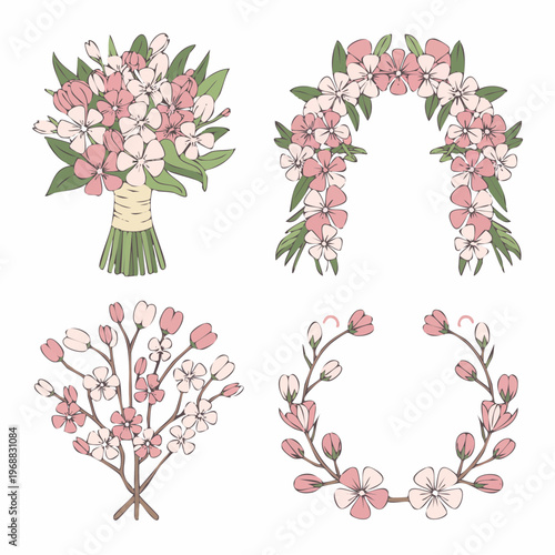 A beautiful floral arrangement with pink flowers and green leaves creates a stunning bouquet and wreaths on a decorative branch.