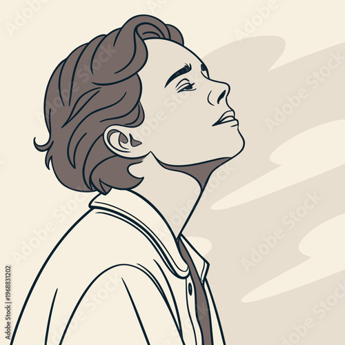 A cartoon man looking up with a thoughtful expression
